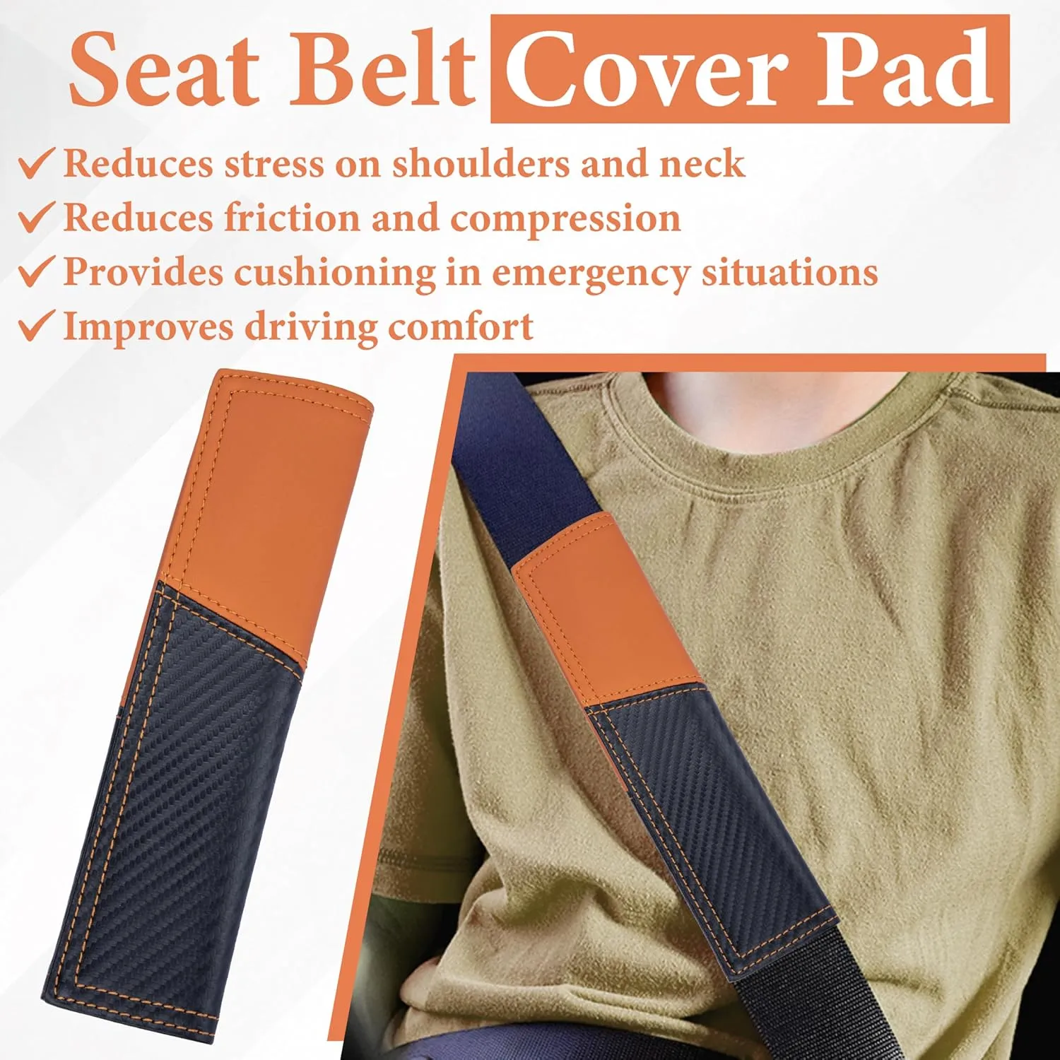 2 PCS Car Seat Belt Cover Pad, Carbon Fiber Safety Seatbelt Shoulder Strap Covers, Breathable Leather Soft Harness Pad, Interior Car Accessories, Universal for SUV, Truck, RV (Orange&Black