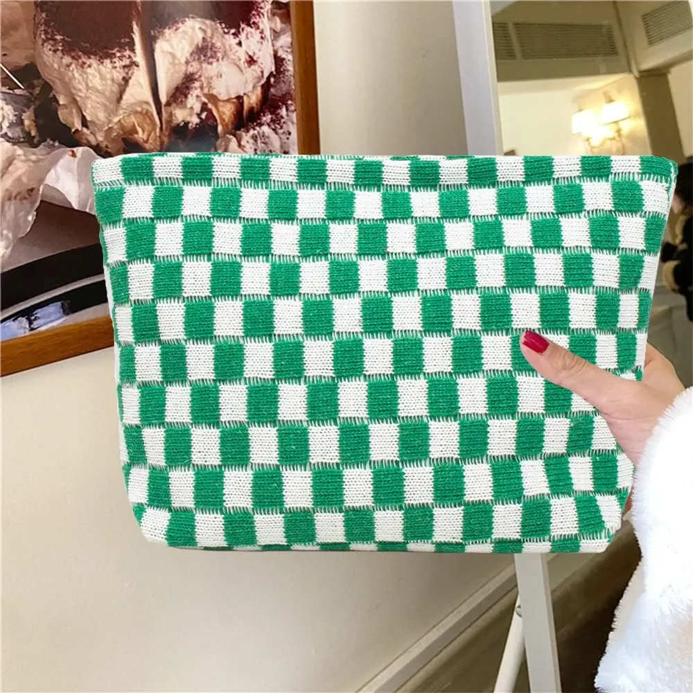 2 Pieces Makeup Bag Set, Small Checkered Cosmetic Bag Travel Toiletry Organizer Mini Green Cosmetic Pouch Case Makeup Brushes Quilted Aesthetic Accessories Storage Bag for Women (Large Mini Green)
