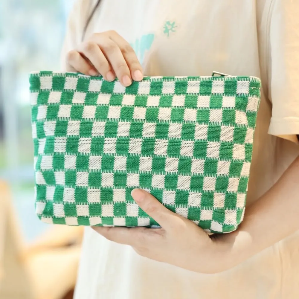2 Pieces Makeup Bag Set, Small Checkered Cosmetic Bag Travel Toiletry Organizer Mini Green Cosmetic Pouch Case Makeup Brushes Quilted Aesthetic Accessories Storage Bag for Women (Large Mini Green)