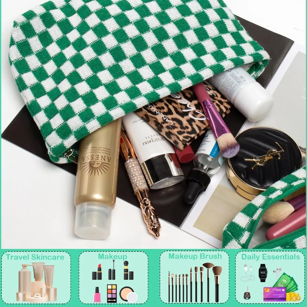 2 Pieces Makeup Bag Set, Small Checkered Cosmetic Bag Travel Toiletry Organizer Mini Green Cosmetic Pouch Case Makeup Brushes Quilted Aesthetic Accessories Storage Bag for Women (Large Mini Green)
