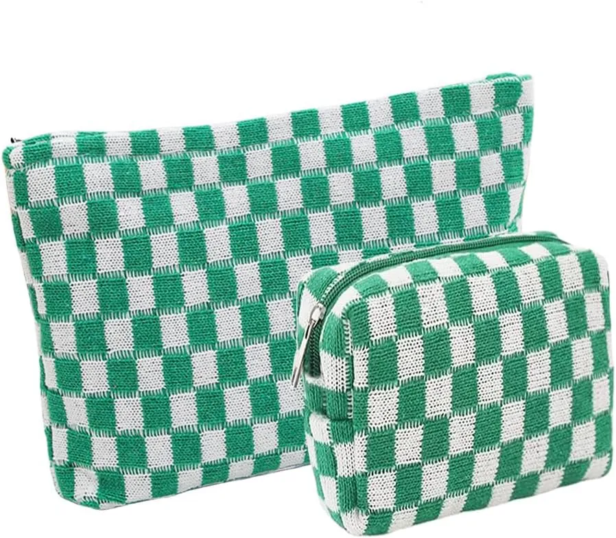 2 Pieces Makeup Bag Set, Small Checkered Cosmetic Bag Travel Toiletry Organizer Mini Green Cosmetic Pouch Case Makeup Brushes Quilted Aesthetic Accessories Storage Bag for Women (Large Mini Green)