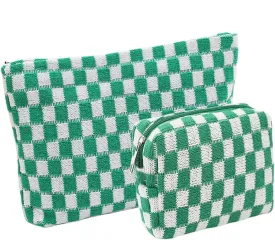 2 Pieces Makeup Bag Set, Small Checkered Cosmetic Bag Travel Toiletry Organizer Mini Green Cosmetic Pouch Case Makeup Brushes Quilted Aesthetic Accessories Storage Bag for Women (Large Mini Green)