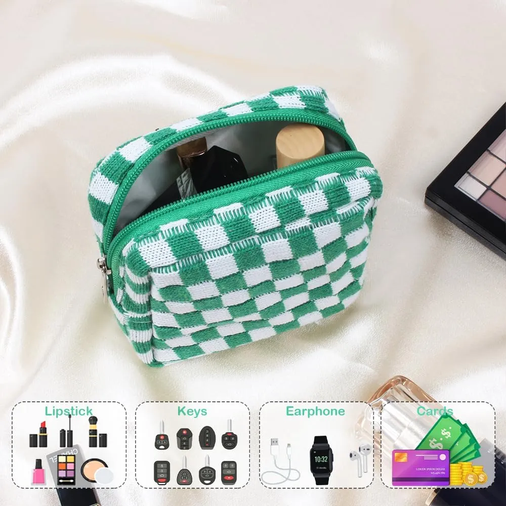 2 Pieces Makeup Bag Set, Small Checkered Cosmetic Bag Travel Toiletry Organizer Mini Green Cosmetic Pouch Case Makeup Brushes Quilted Aesthetic Accessories Storage Bag for Women (Large Mini Green)