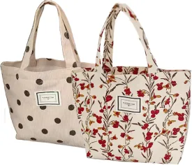 2PCS Corduroy Small Tote Bag for Women Cute Floral Mini Tote Bag Preppy Aesthetic Reusable Bags for Grocery, Essentials, Water Bottle, Keys