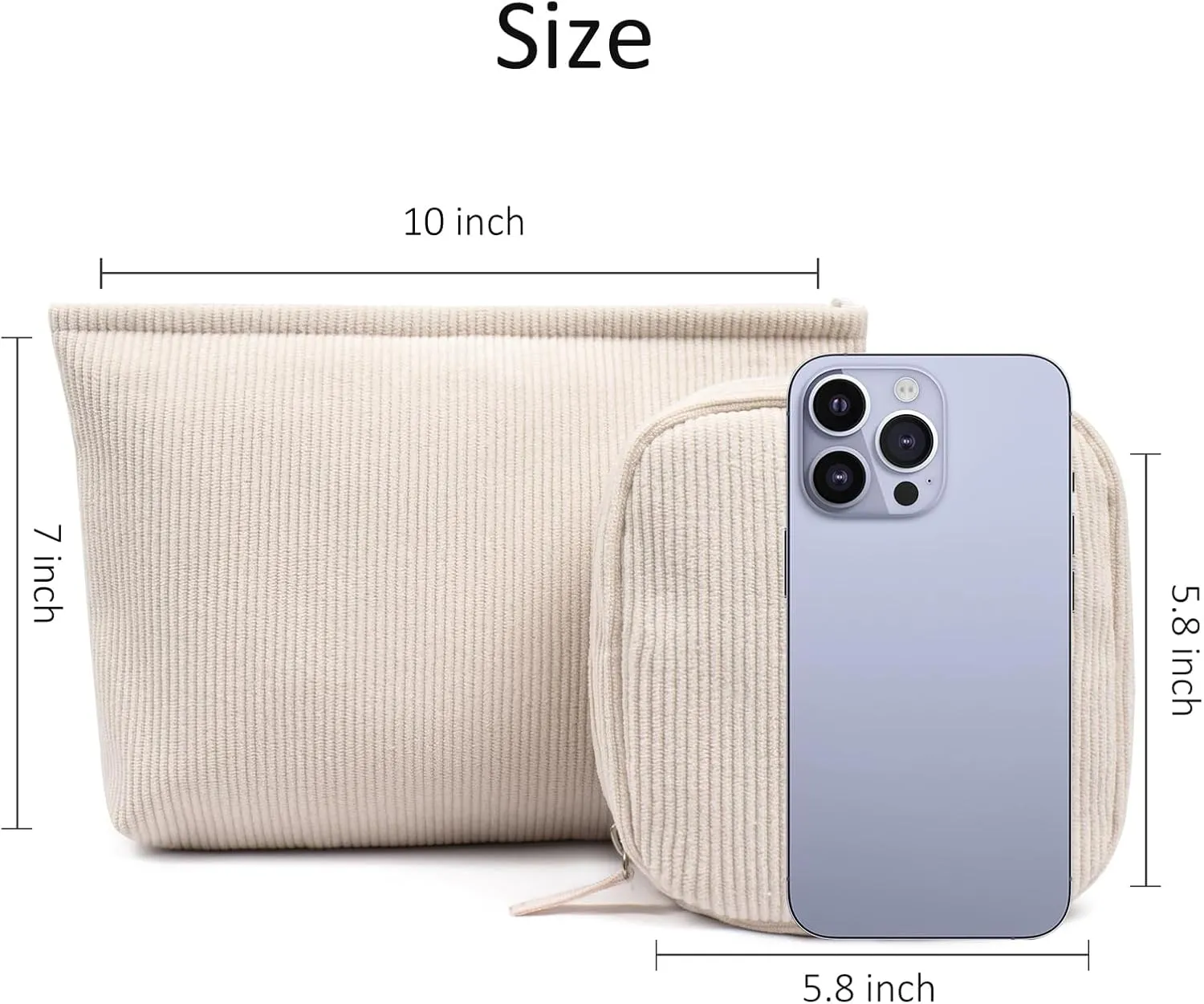 2Pcs Makeup Bag for Women, Large Corduroy Cosmetic Bag Capacity Travel Toiletry Bag Mini Makeup Pouch for Purse Small Makeup Organizer Bag Cute Makeup Brushes Storage Bag (Large Mini White)