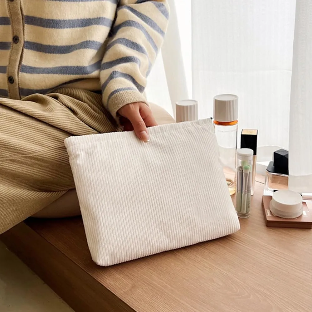 2Pcs Makeup Bag for Women, Large Corduroy Cosmetic Bag Capacity Travel Toiletry Bag Mini Makeup Pouch for Purse Small Makeup Organizer Bag Cute Makeup Brushes Storage Bag (Large Mini White)