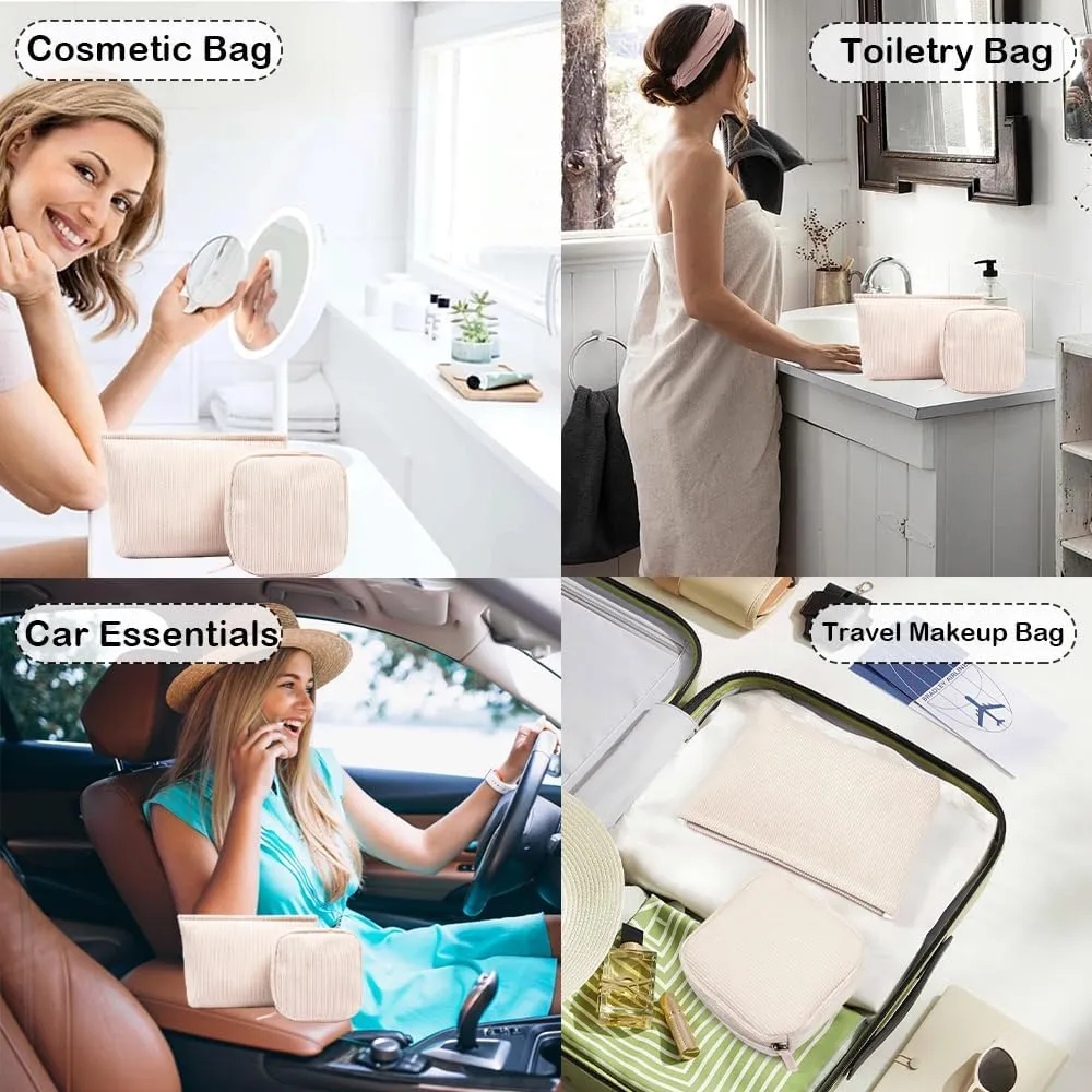 2Pcs Makeup Bag for Women, Large Corduroy Cosmetic Bag Capacity Travel Toiletry Bag Mini Makeup Pouch for Purse Small Makeup Organizer Bag Cute Makeup Brushes Storage Bag (Large Mini White)