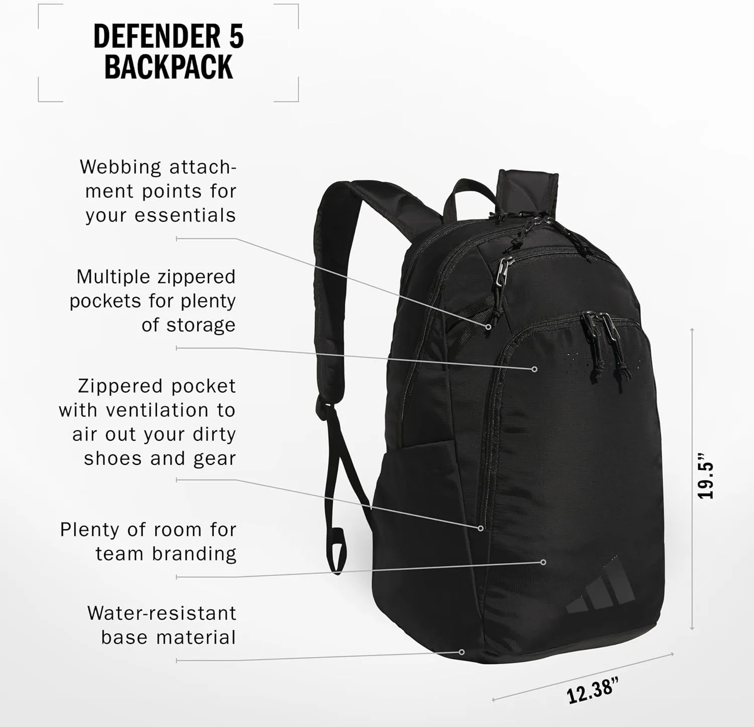 adidas Defender 5 Team Sports Backpack (33L) Durable Large Athletic Gym Laptop Travel Bag, Black/Black, One Size