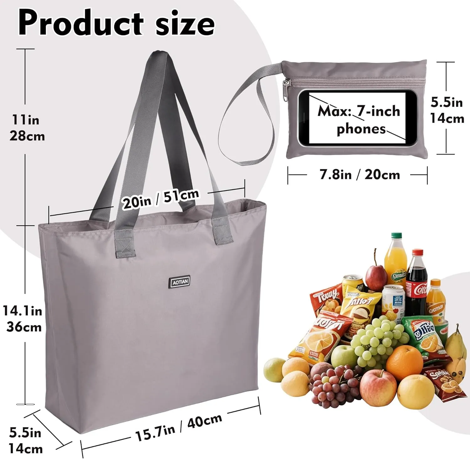 AOTIAN Heavy Duty 20 Liter Reusable Grocery Bags, Thickened Tear-Resistant Polyester Fabric Foldable Machine Washable Shopping Bags, Zipper Closure Water-Resistant Large Tote Bag Travel Gym Beach Bag