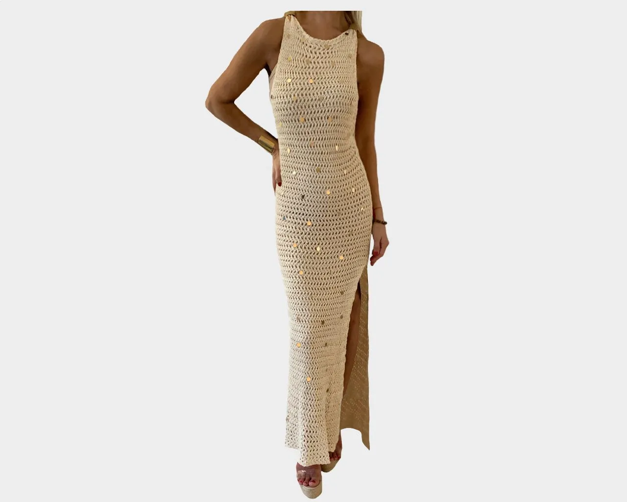 B. Side Slit Taupe and Gold Sequins Mesh Resortwear Statement Dress - The St. Tropez