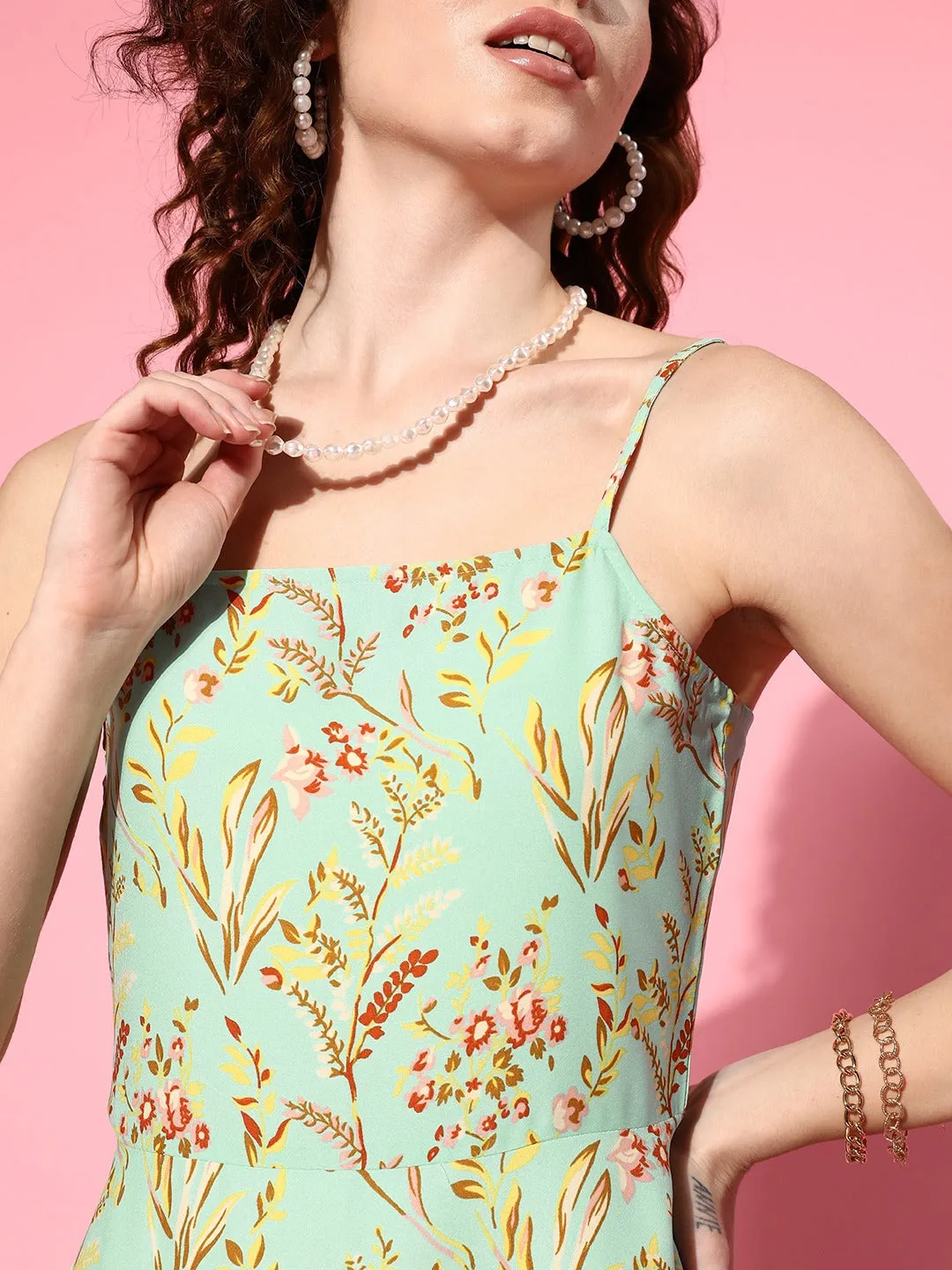 Berrylush Women Green & Multicolour Floral Printed Square Neck Crepe Flared A-Line Mini Dress