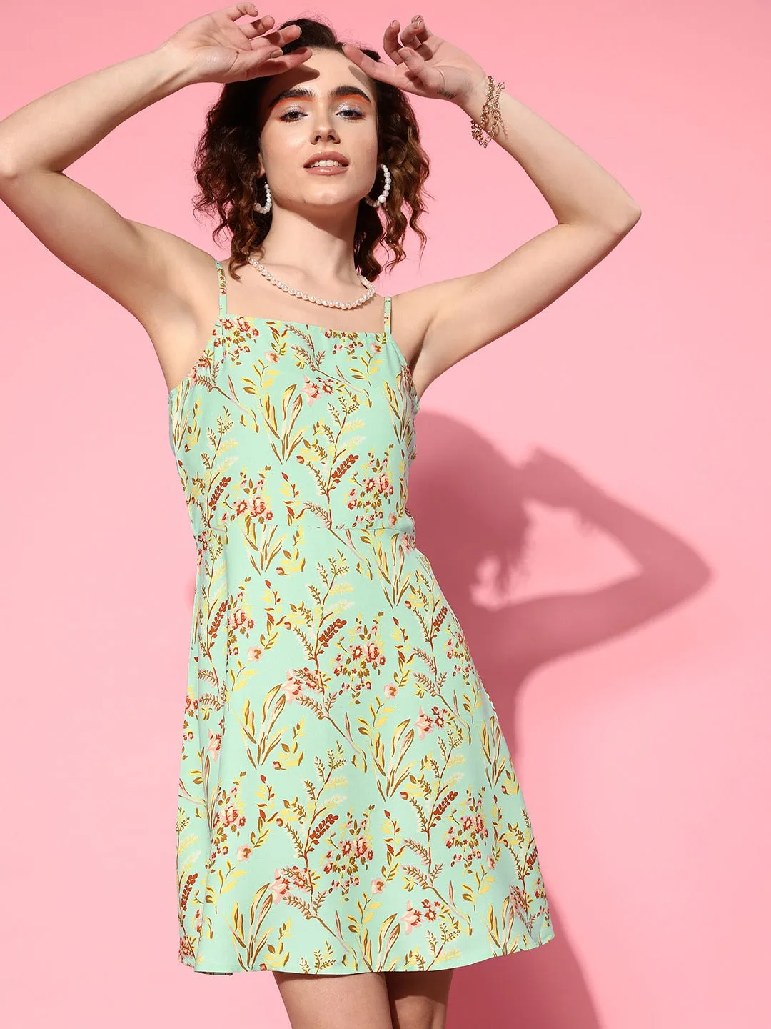 Berrylush Women Green & Multicolour Floral Printed Square Neck Crepe Flared A-Line Mini Dress
