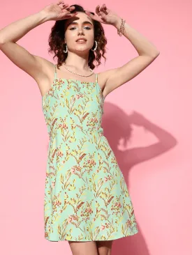 Berrylush Women Green & Multicolour Floral Printed Square Neck Crepe Flared A-Line Mini Dress