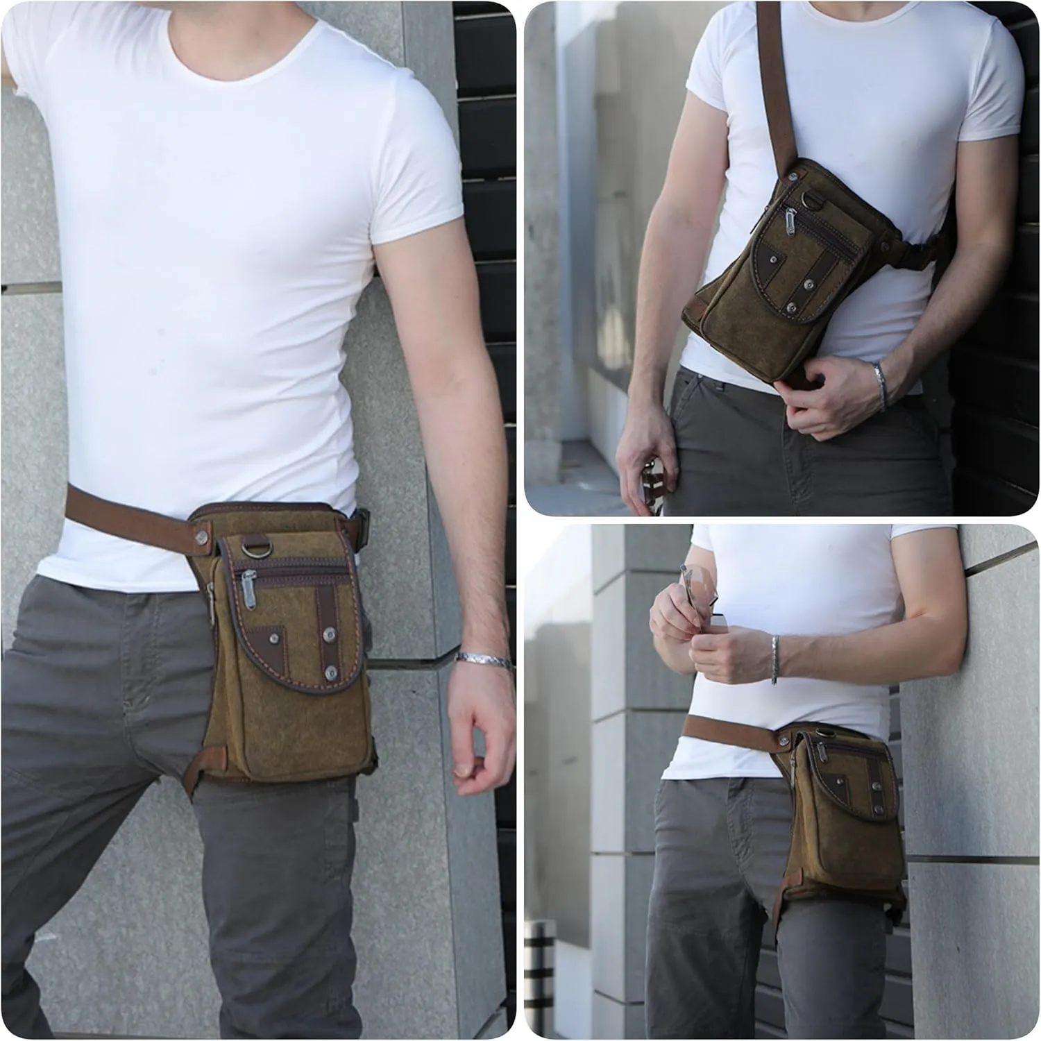 Canvas Drop Leg Bag, Motorcycle Thigh Bag with Multiple Pockets, 6x2.8x10.5 inches (Coffee)