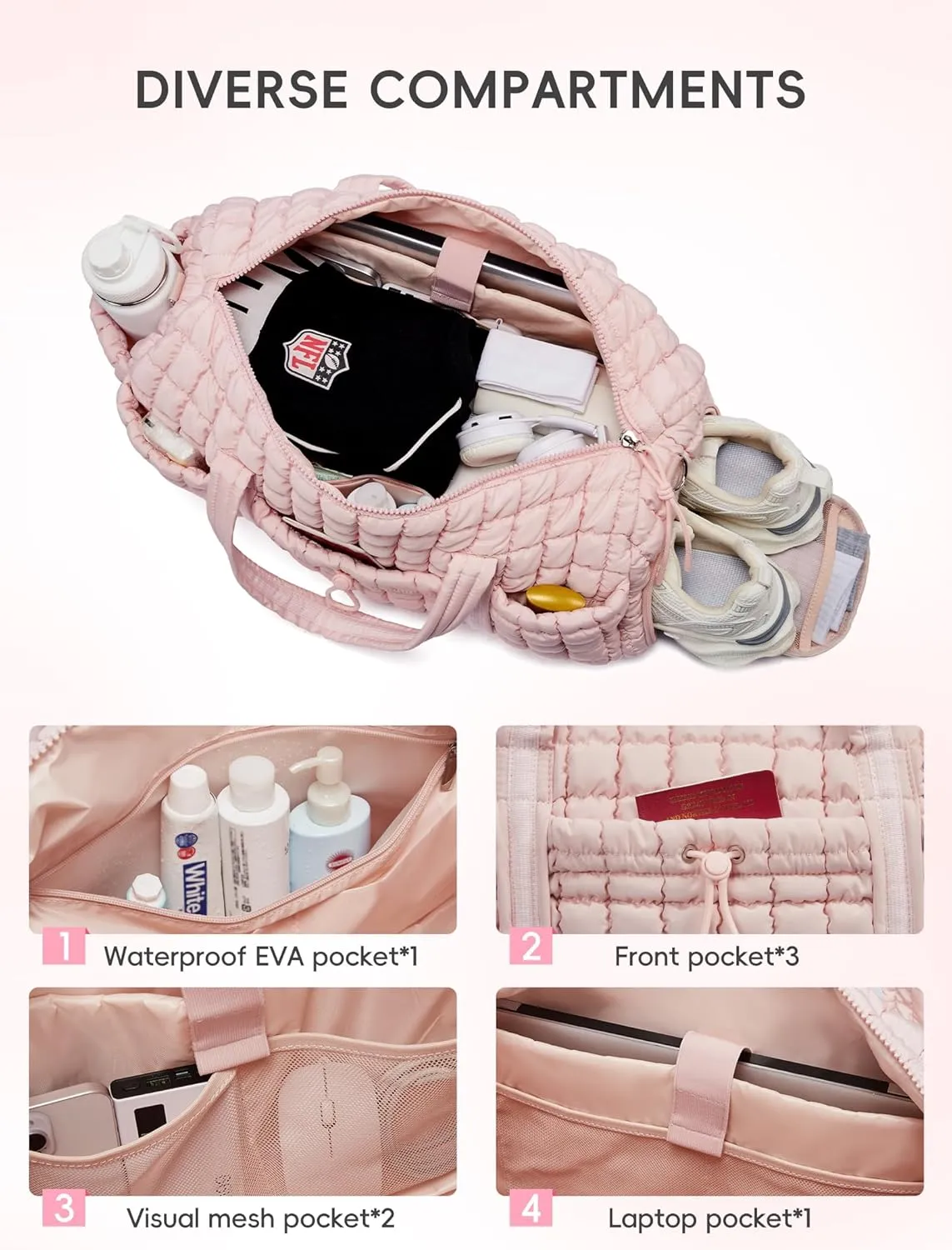 CLUCI Quilted Duffel Bag for Women, Large Puffer Duffle Weekender Bag with Shoe Compartment, Overnight Carry On Bag Workout for Airplane, Sports
