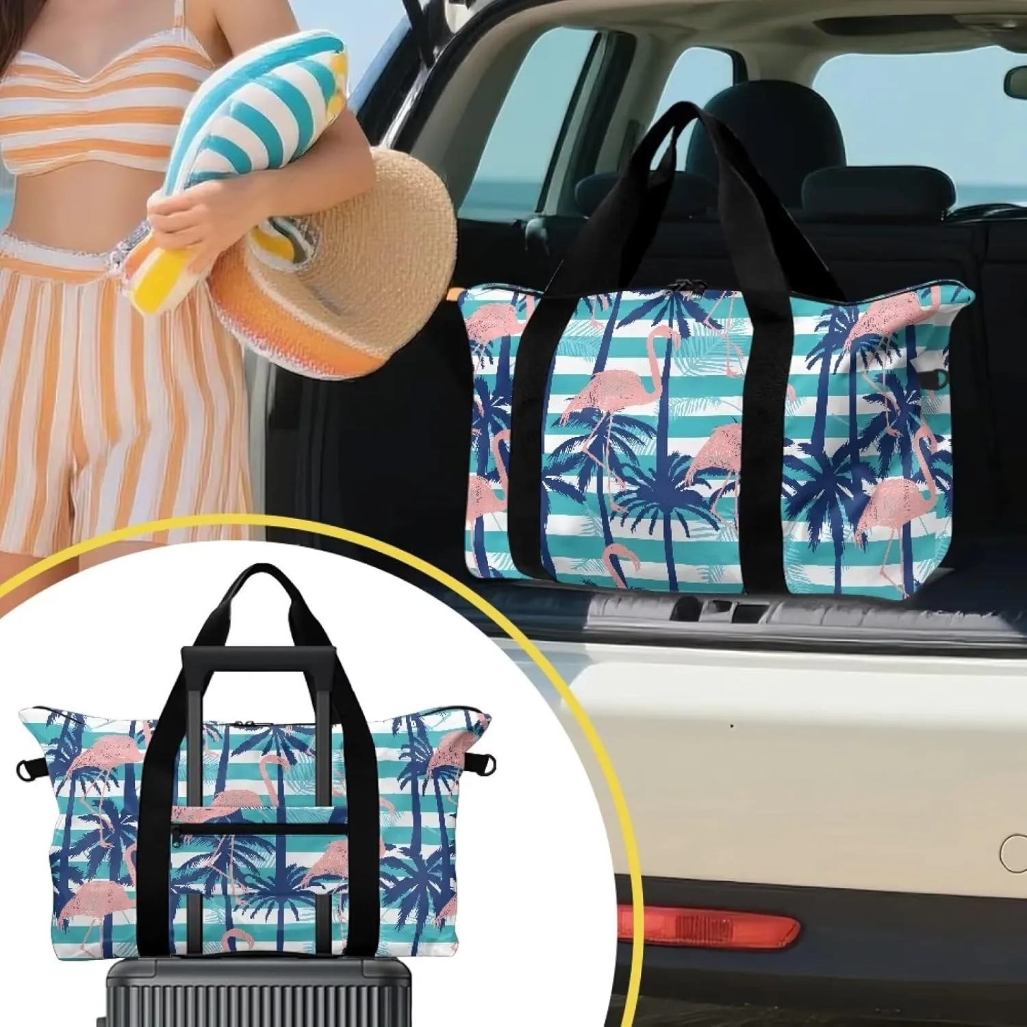 Coconut Tree Flamingo Print Extra Large Duffel Bag 22.24 x 6.3 x 13 Inches - Carry Tote Bag with Adjustable Shoulder Strap - Water-Resistant Weekender & Gym Holdall for Travel & Sports