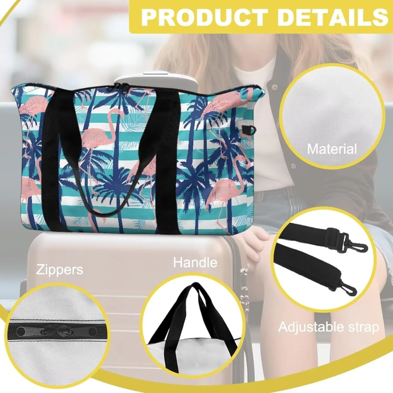 Coconut Tree Flamingo Print Extra Large Duffel Bag 22.24 x 6.3 x 13 Inches - Carry Tote Bag with Adjustable Shoulder Strap - Water-Resistant Weekender & Gym Holdall for Travel & Sports