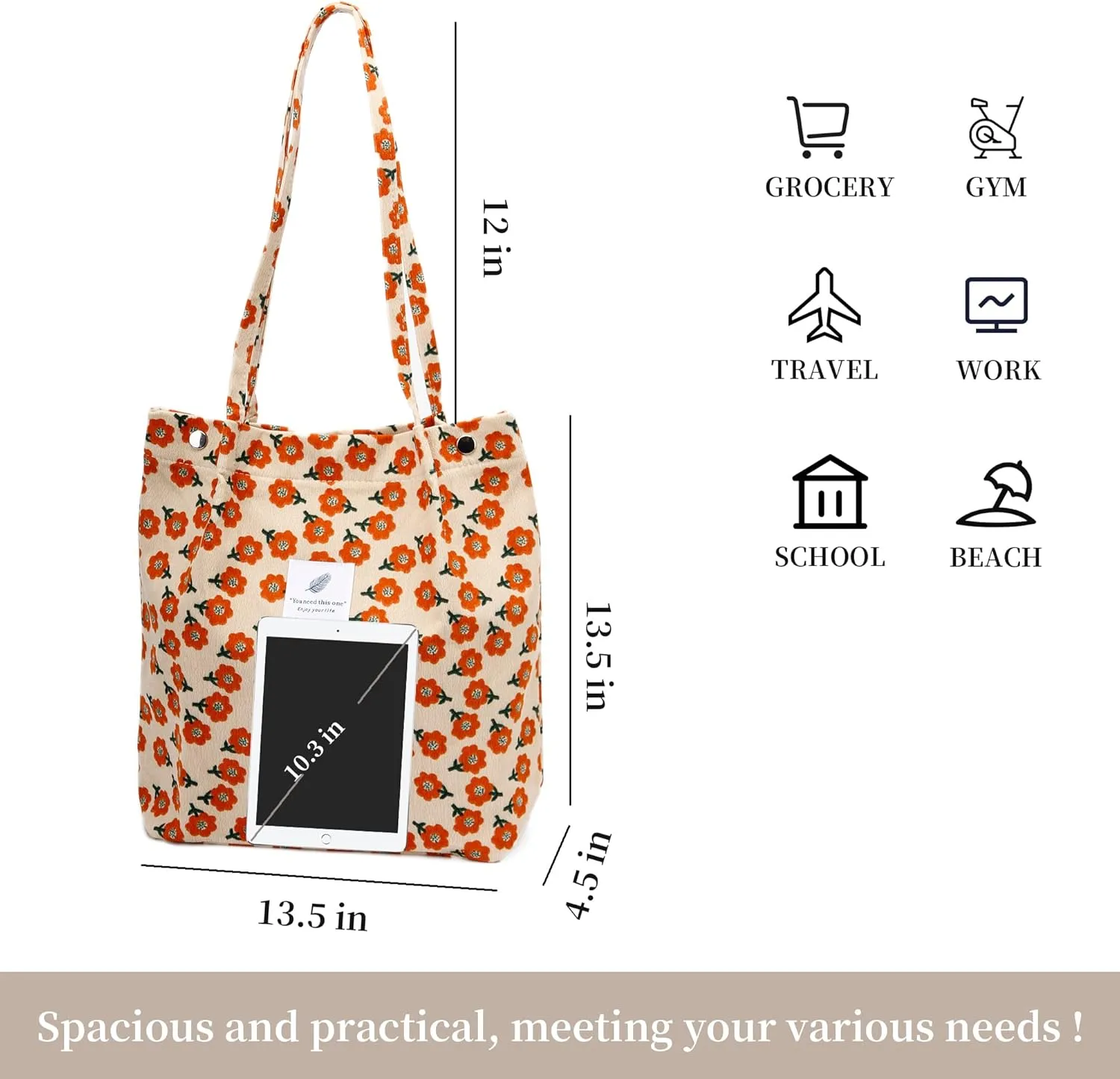 Corduroy Tote Bag Cute Tote Bags for Women Shoulder Bag with Inner Pocket for Work Beach Travel and Shopping Grocery