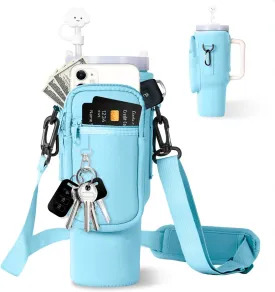 dabria Water Bottle Carrier Bag with Phone Pocket for Stanley 40/30 oz Tumbler Neoprene Water Bottle Holder Pouch with Adjustable Strap Bollus with Straw Cover & Carabiner for Stanley Cup Accessories