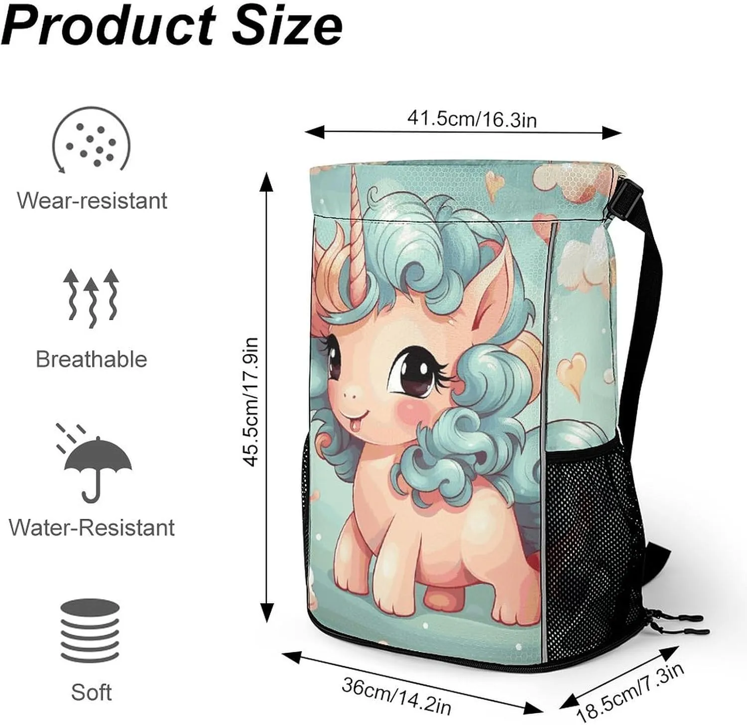 Drawstring Backpack Sports Gym Swim Bag with Shoes Compartment Cute Animal Rainbow Horse Stuff Sack
