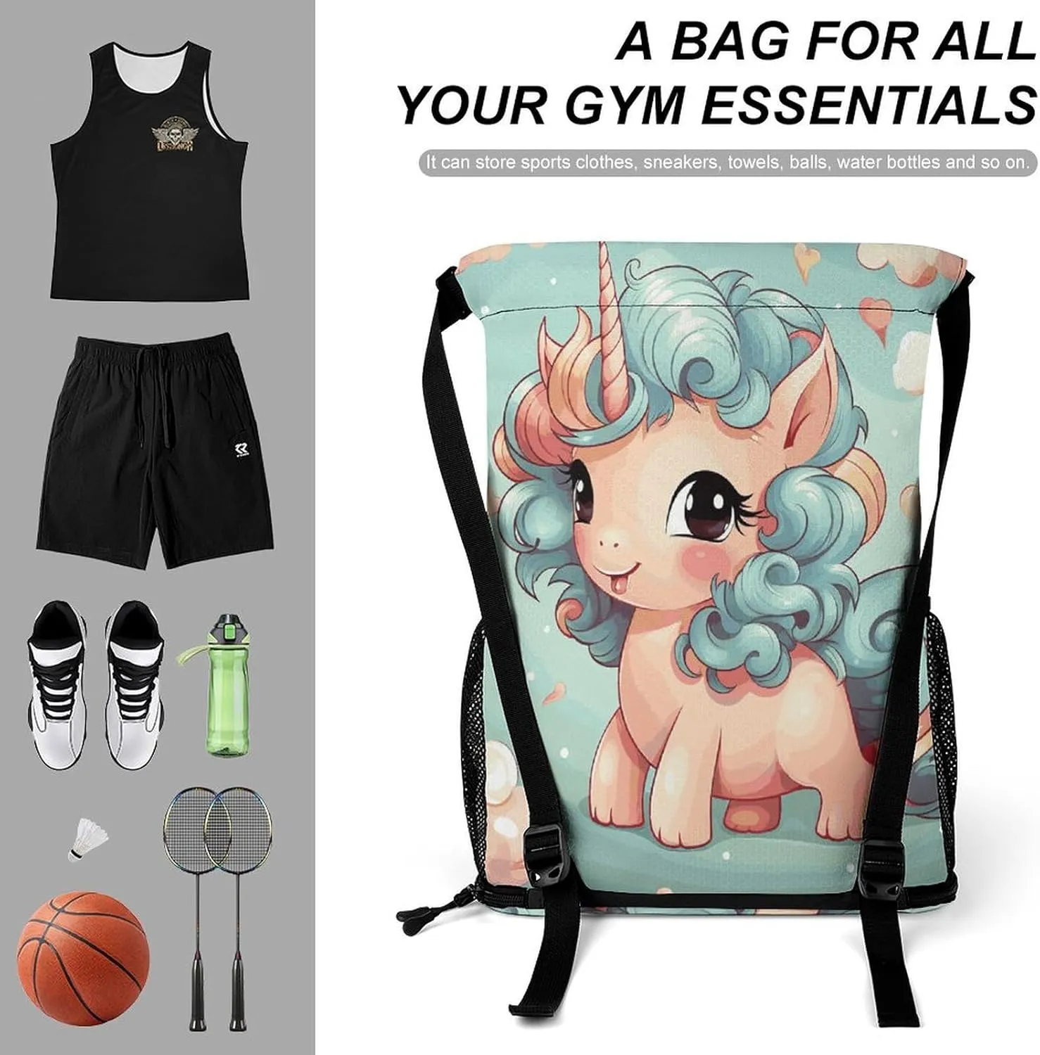 Drawstring Backpack Sports Gym Swim Bag with Shoes Compartment Cute Animal Rainbow Horse Stuff Sack