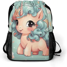 Drawstring Backpack Sports Gym Swim Bag with Shoes Compartment Cute Animal Rainbow Horse Stuff Sack