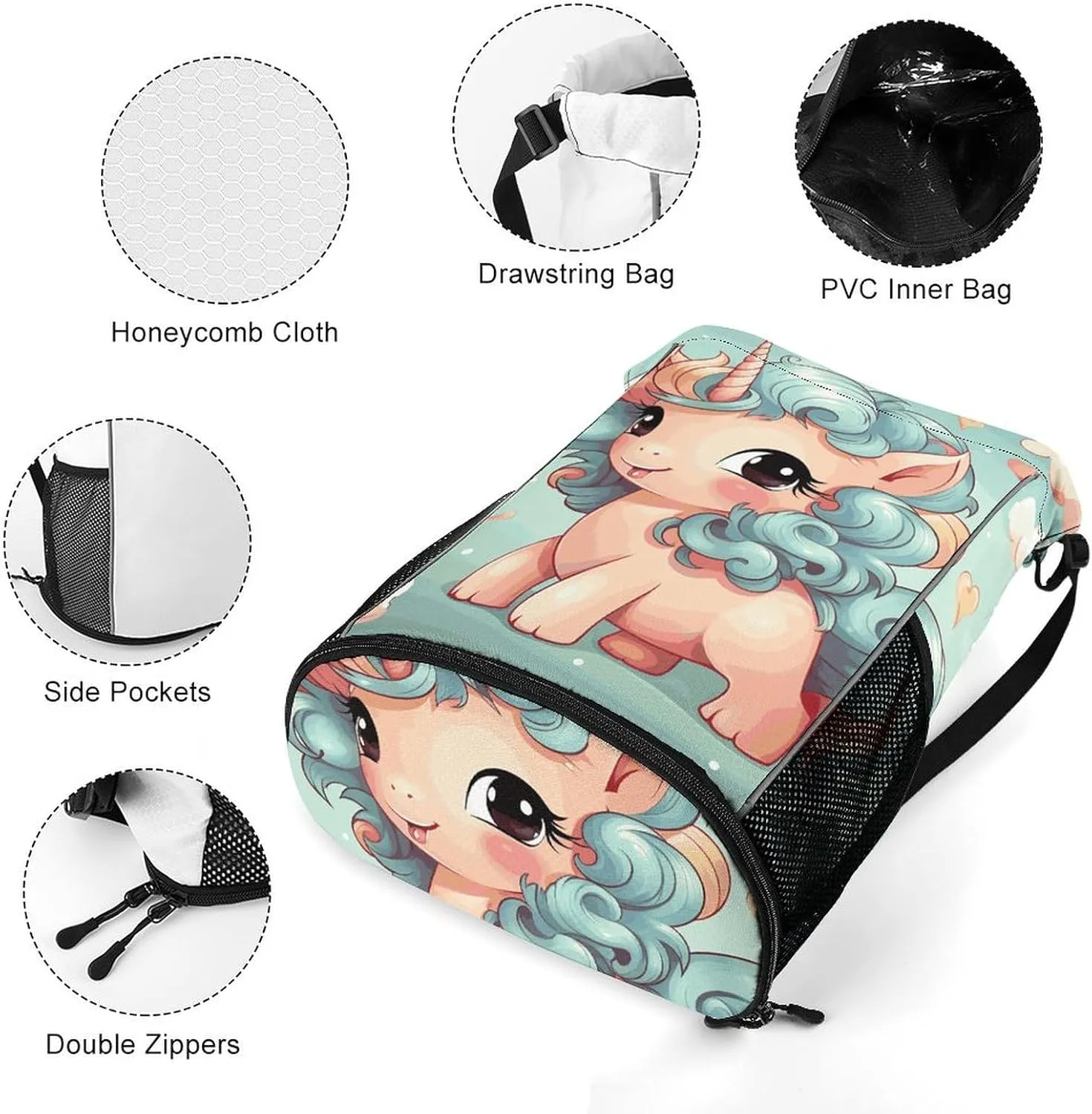 Drawstring Backpack Sports Gym Swim Bag with Shoes Compartment Cute Animal Rainbow Horse Stuff Sack