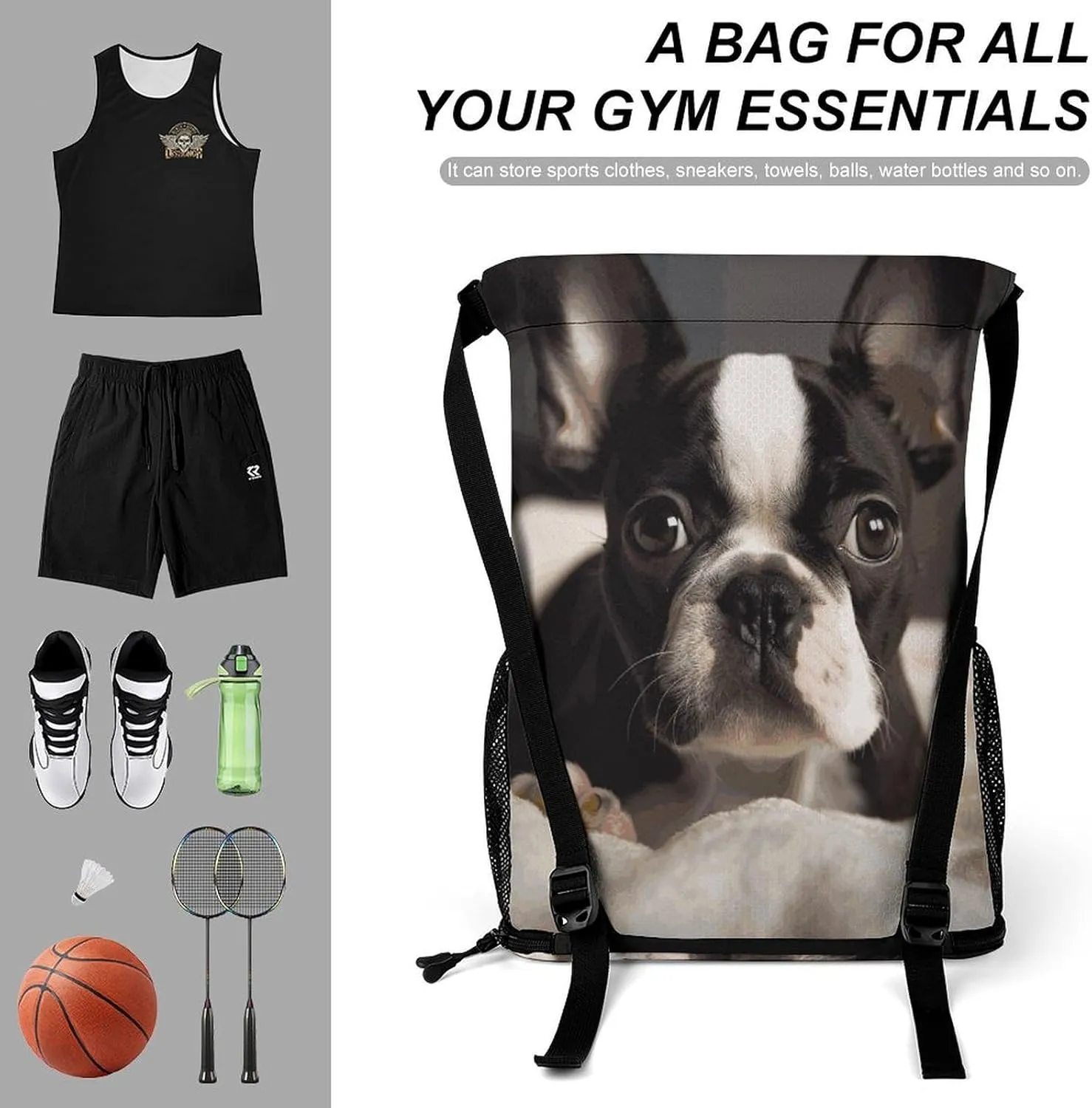 Drawstring Backpack Sports Gym Swim Bag with Shoes Compartment Cute Boston Terrier Stuff Sack
