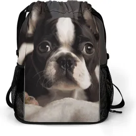 Drawstring Backpack Sports Gym Swim Bag with Shoes Compartment Cute Boston Terrier Stuff Sack