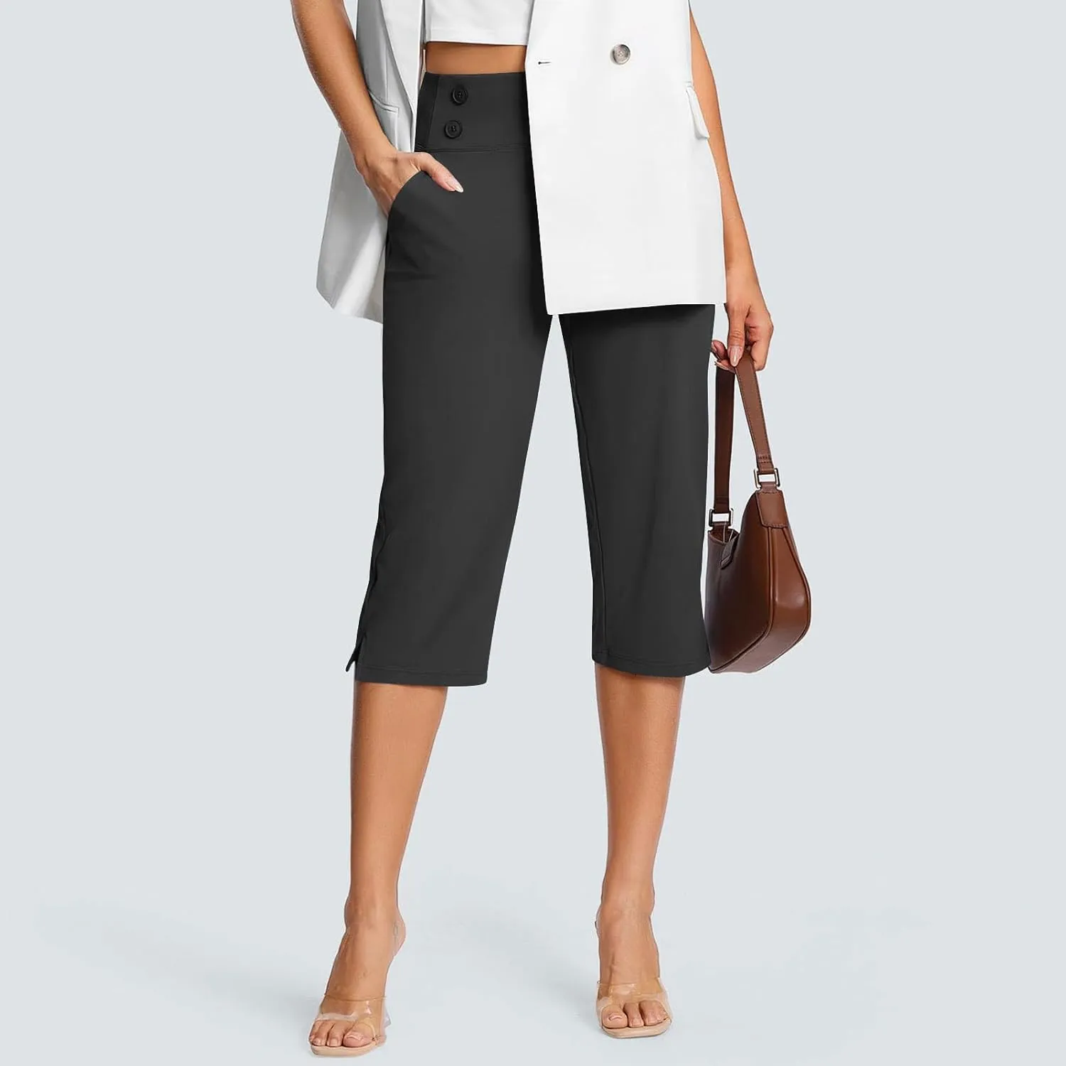Dressy Capri Pants for Women Casual Work Business Capris High Waist Stretch Yoga Cropped Pant with Pocket