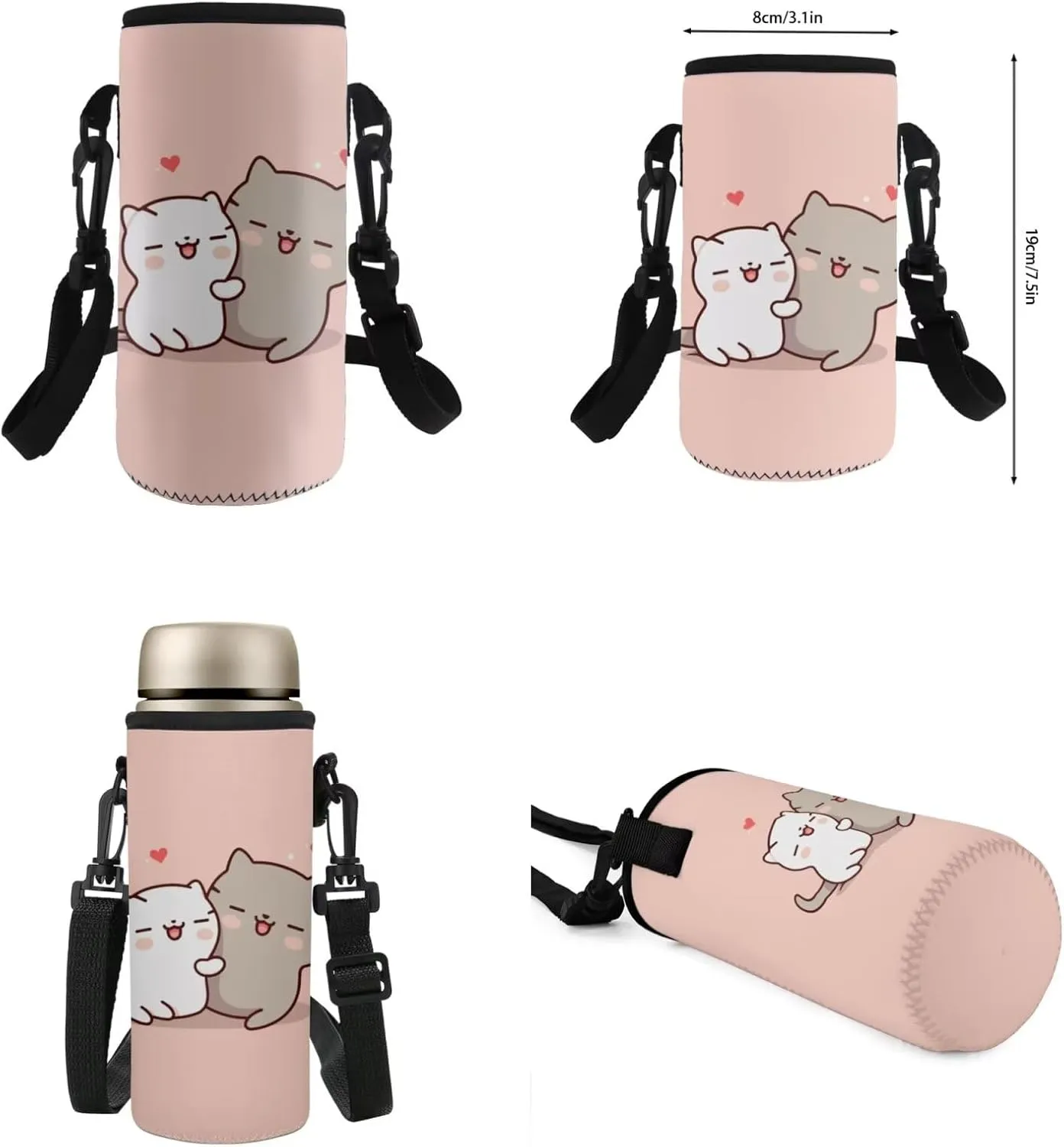 Flashideas Cartoon Cat School Backpack Set 4Pcs with Lunch Box Insulated Water Bottle Kids Backpack for Girls 8-10 and Water Bottle Carrier for Elementary Primary Middle School Bookbag