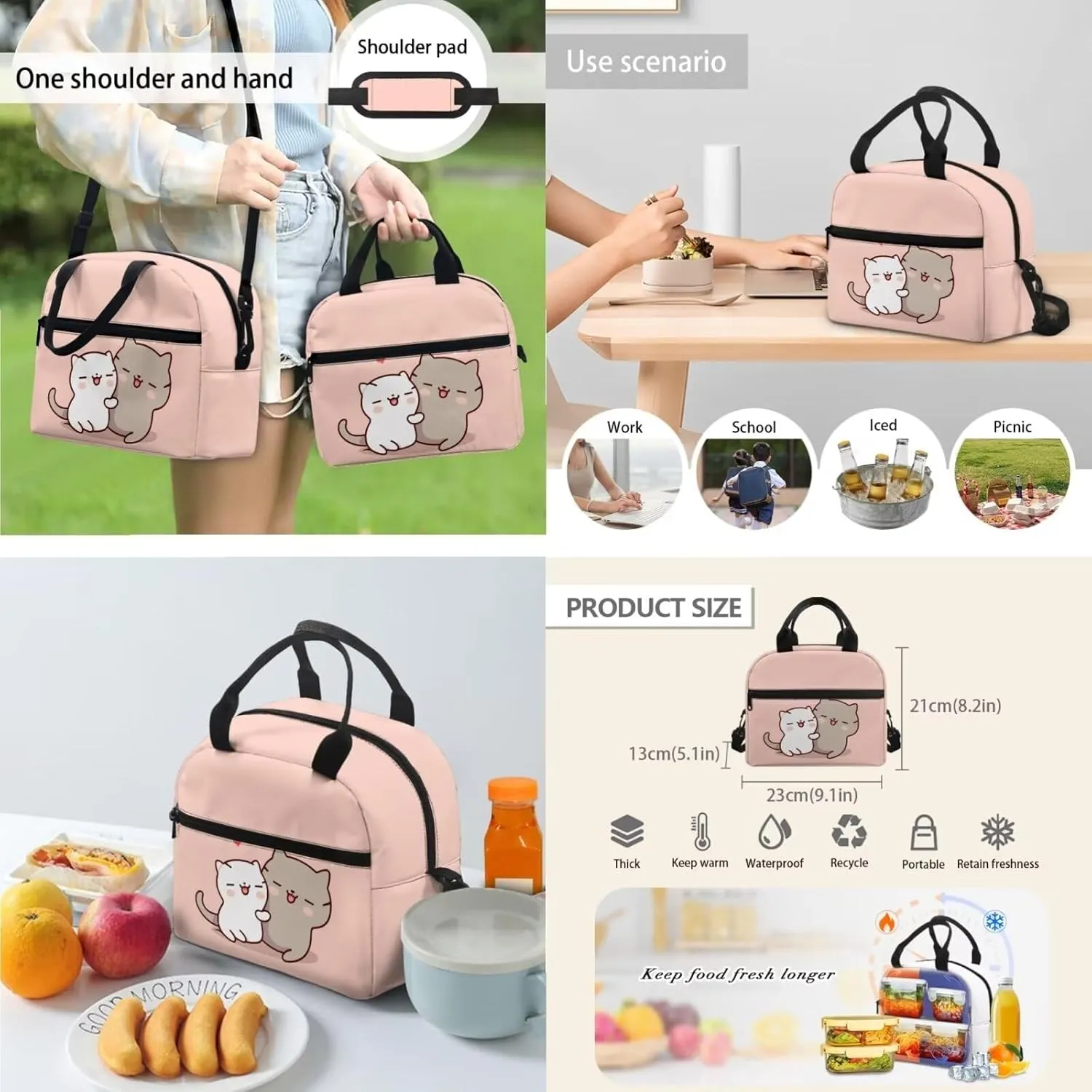 Flashideas Cartoon Cat School Backpack Set 4Pcs with Lunch Box Insulated Water Bottle Kids Backpack for Girls 8-10 and Water Bottle Carrier for Elementary Primary Middle School Bookbag