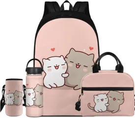 Flashideas Cartoon Cat School Backpack Set 4Pcs with Lunch Box Insulated Water Bottle Kids Backpack for Girls 8-10 and Water Bottle Carrier for Elementary Primary Middle School Bookbag