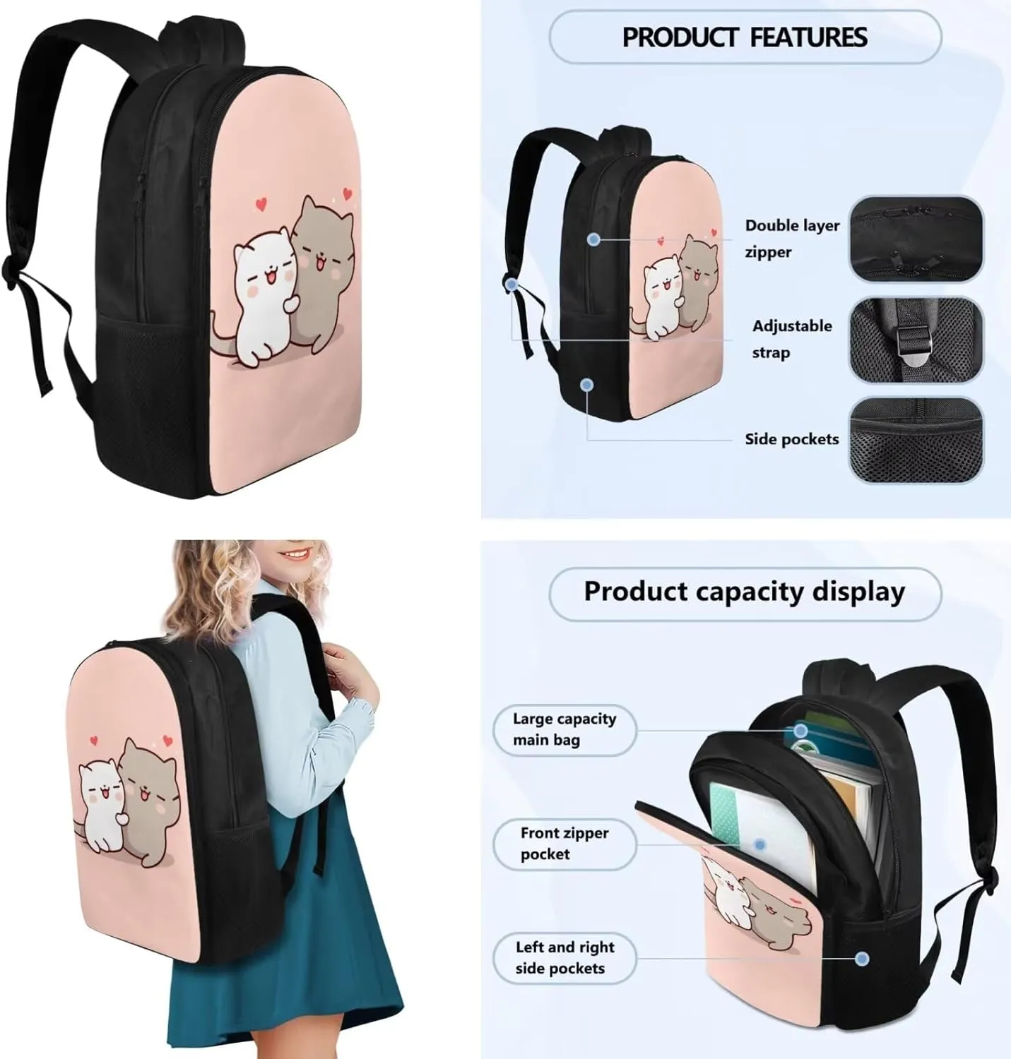Flashideas Cartoon Cat School Backpack Set 4Pcs with Lunch Box Insulated Water Bottle Kids Backpack for Girls 8-10 and Water Bottle Carrier for Elementary Primary Middle School Bookbag