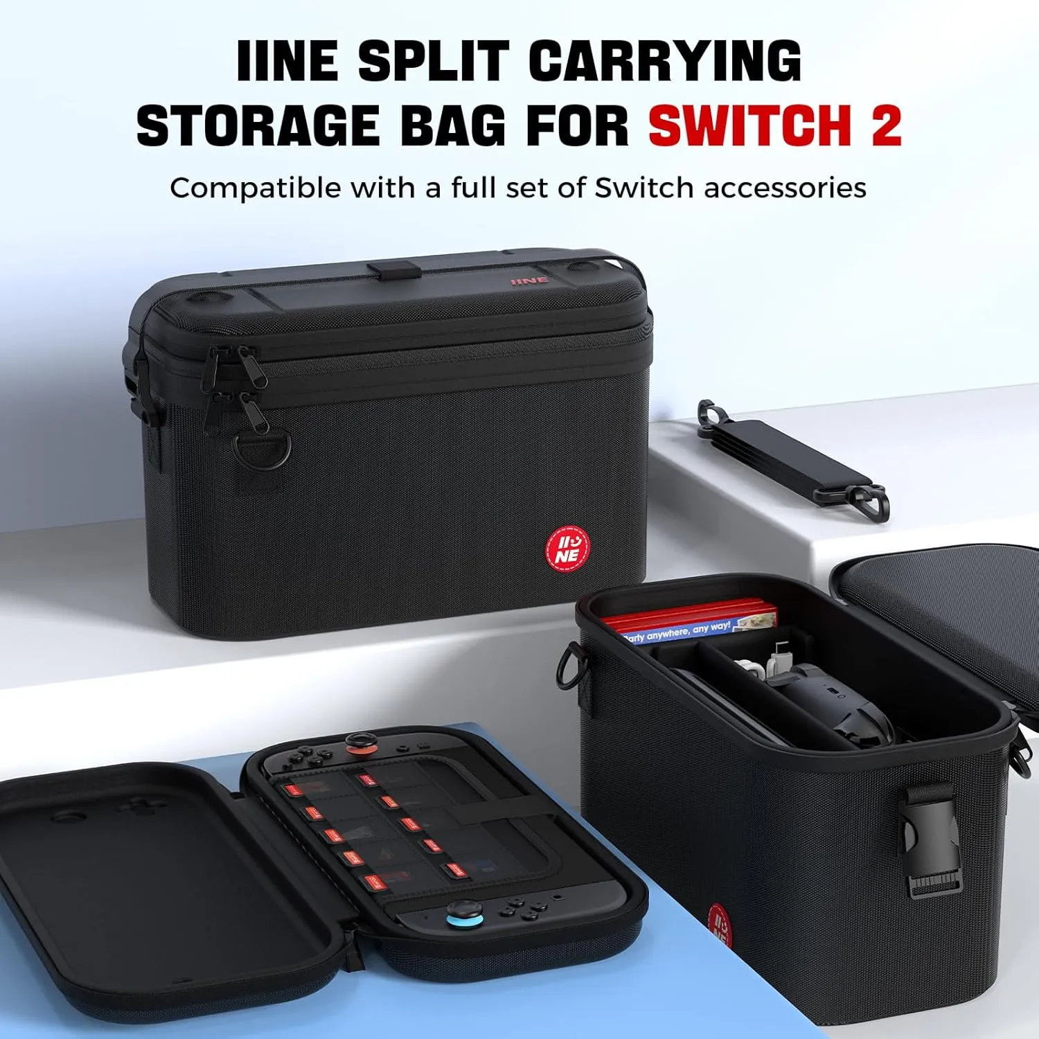 IINE Split Carrying Storage Bag for Switch 2  Hard Shell Travel Case with Large Capacity, Detachable Layers, and Adjustable Strap  Compatible with Console, Dock, and Accessories(2-in-1 Case, Black)