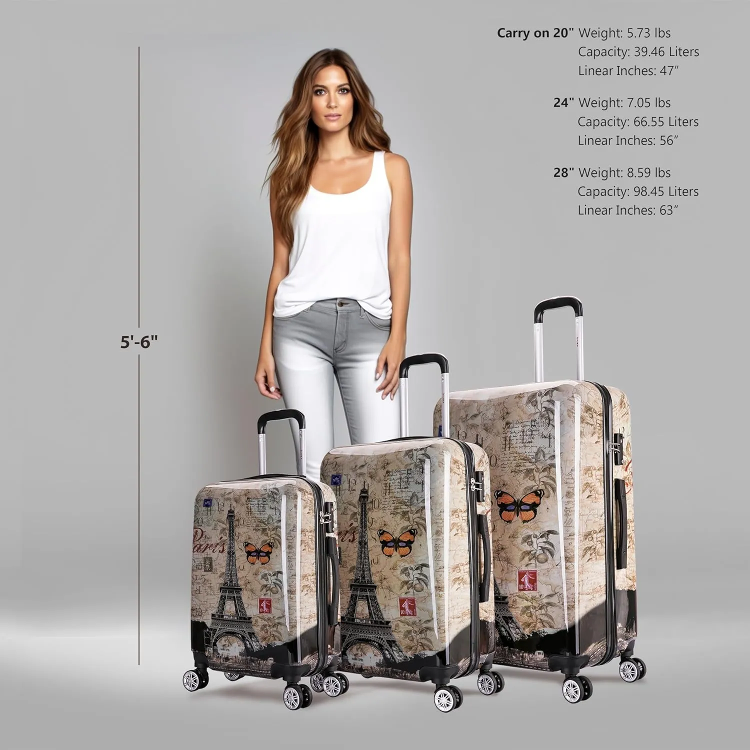 InUSA Paris Print Luggage with Spinner Wheels | Durable Lightweight Hardside Suitcase | Travel Bag with Handle and Trolley | (20in, 24in, 28in) 3 Piece Set