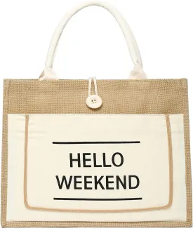 JOLLQUE Jute Beach Tote for Women, Reusable Grocery Shopping Bag with Handle.