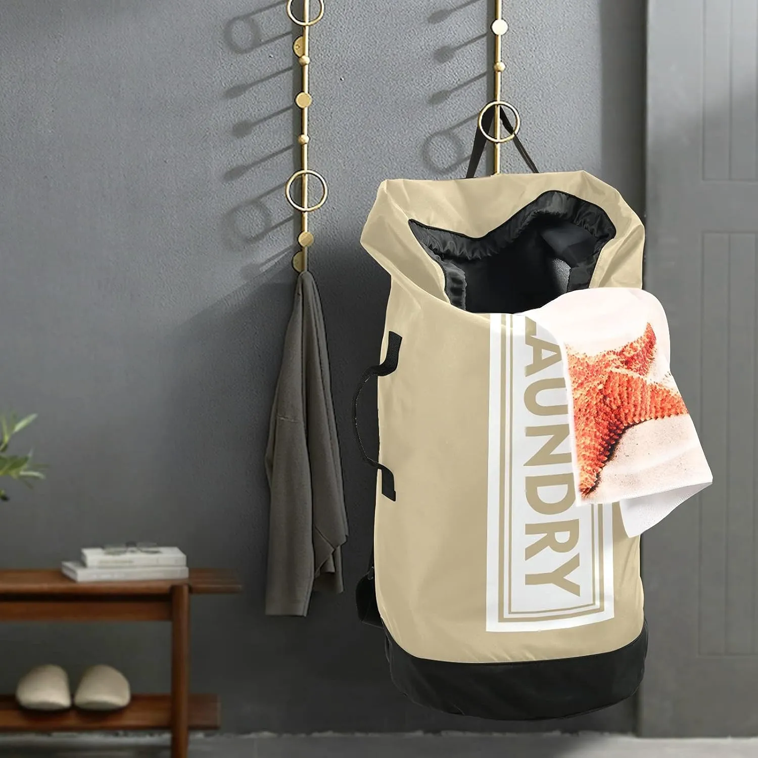 Khaki Laundry Backpack Large Heavy Duty Laundry Bag with Shoulder Straps Waterproof Laundry bag for Traveling Camp Dirty Clothes Organizer for College Students