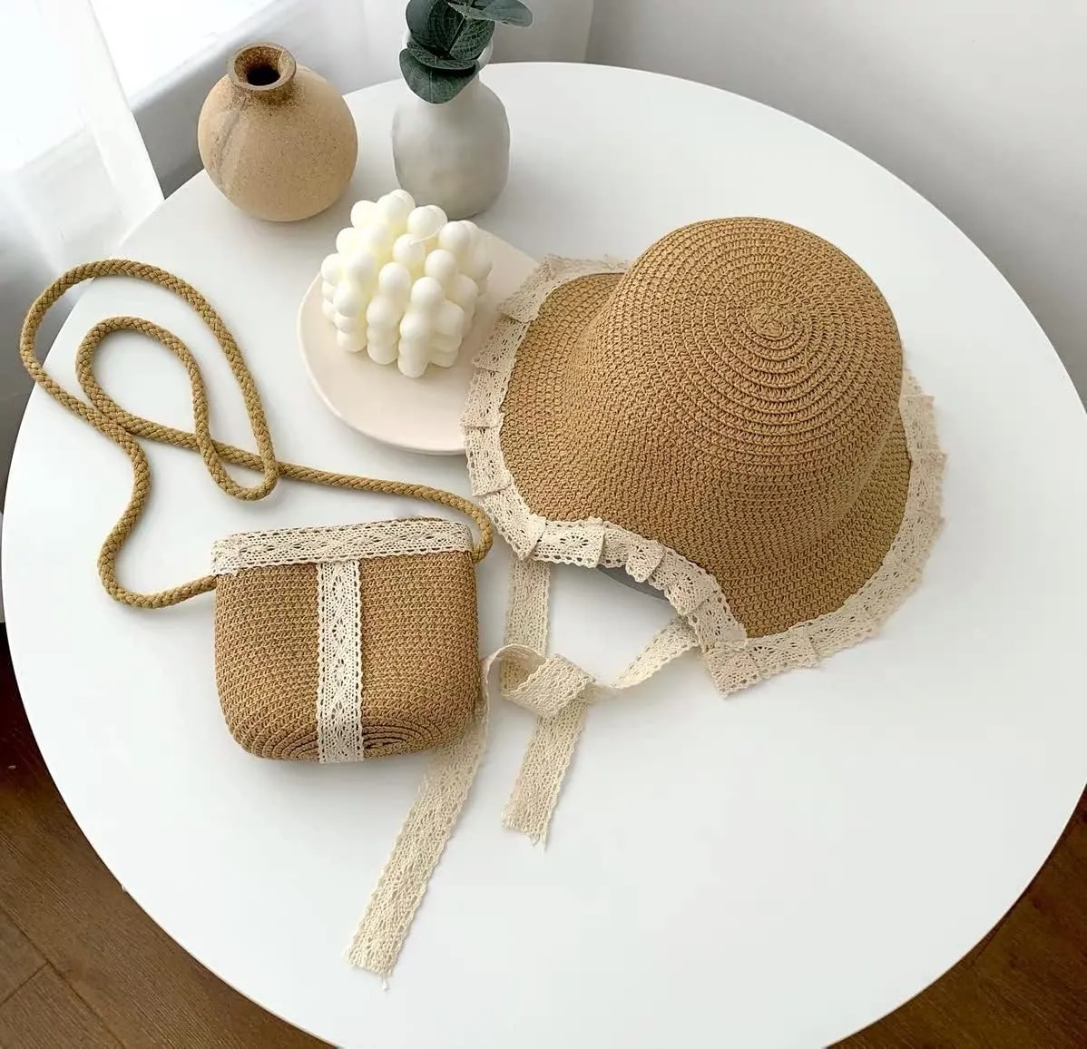 Kids Sun Hat Girls Lace Straw Hat Bucket Cap with Mini Cross Body Straw Bag Summer Beach Straw Hat Outdoor Travel