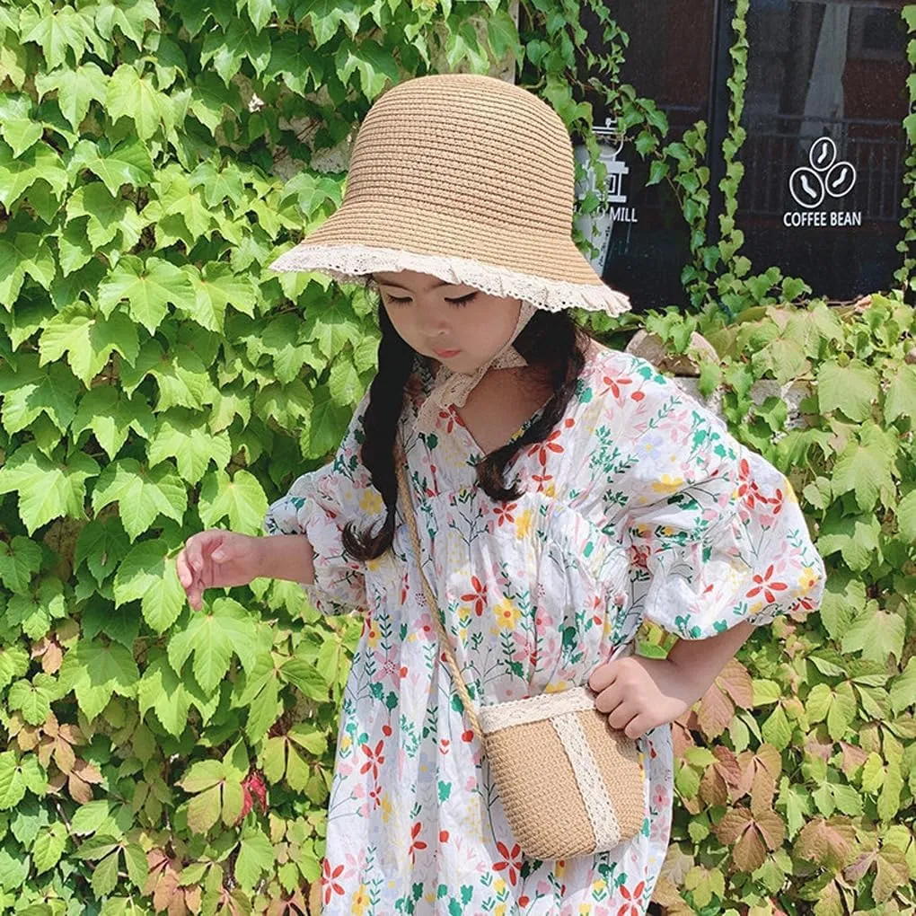 Kids Sun Hat Girls Lace Straw Hat Bucket Cap with Mini Cross Body Straw Bag Summer Beach Straw Hat Outdoor Travel