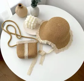 Kids Sun Hat Girls Lace Straw Hat Bucket Cap with Mini Cross Body Straw Bag Summer Beach Straw Hat Outdoor Travel