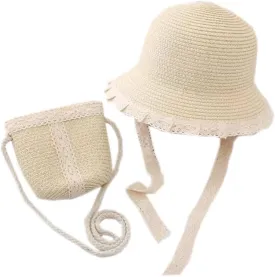 Kids Sun Hat Girls Lace Straw Hat Bucket Cap with Mini Cross Body Straw Bag Summer Beach Straw Hat Outdoor Travel