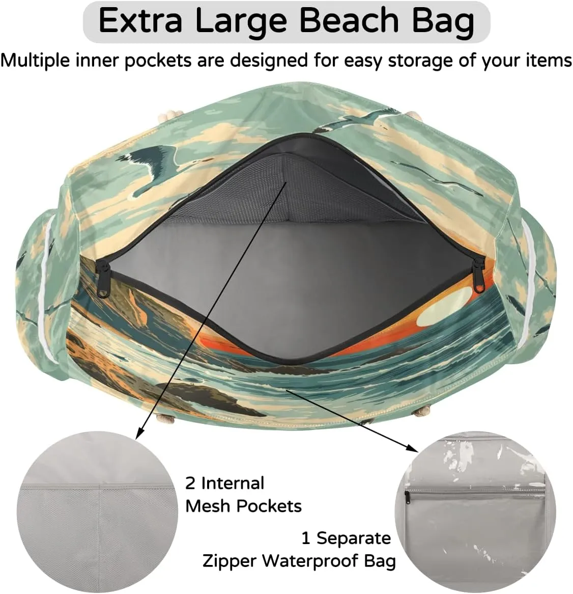 Large Tote Beach Bags for Women with Zipper Waterproof Sandproof Swim Pool Grocery Gym Travel Bag