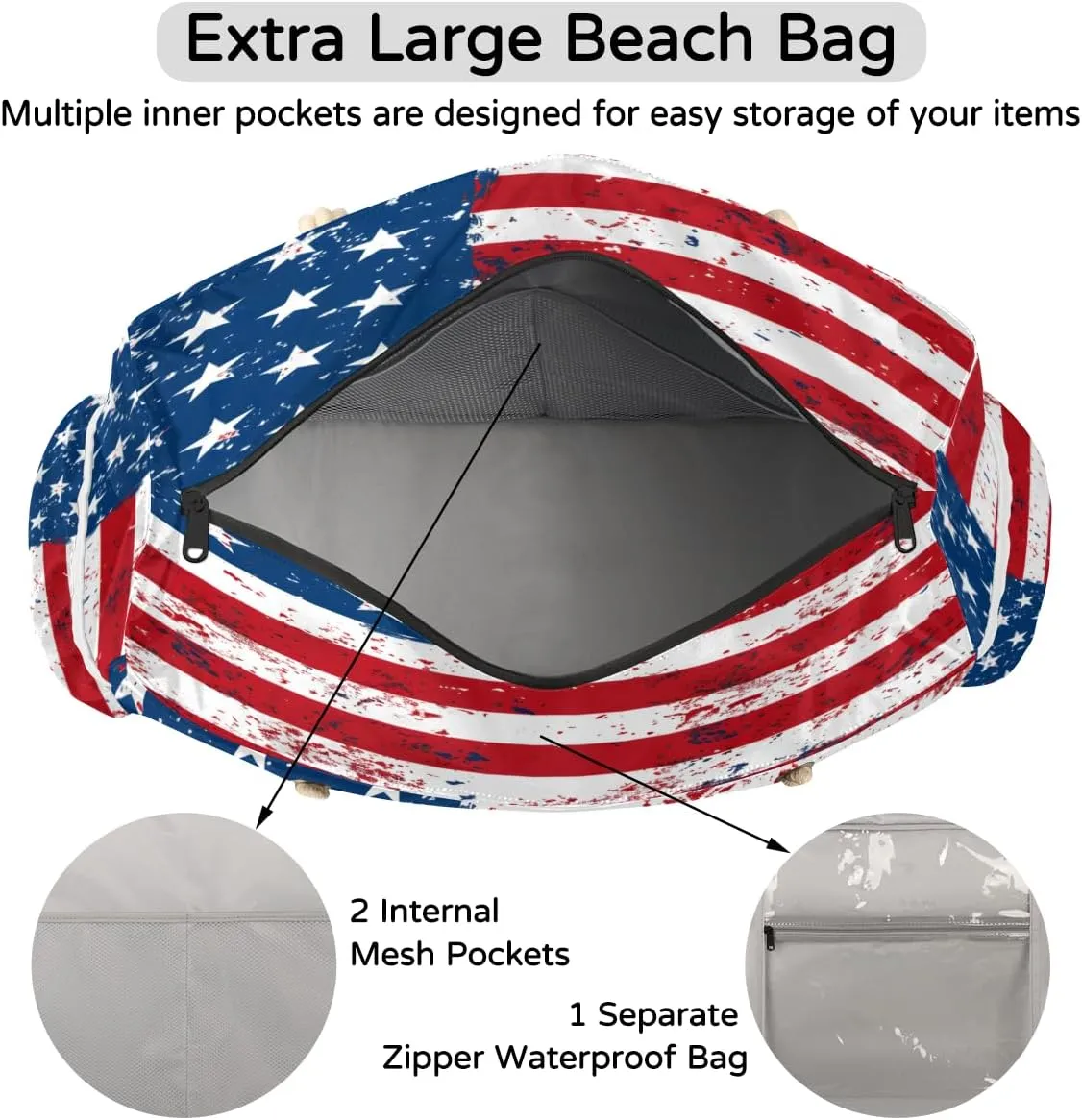 Large Tote Beach Bags for Women with Zipper Waterproof Sandproof Swim Pool Grocery Gym Travel Bag