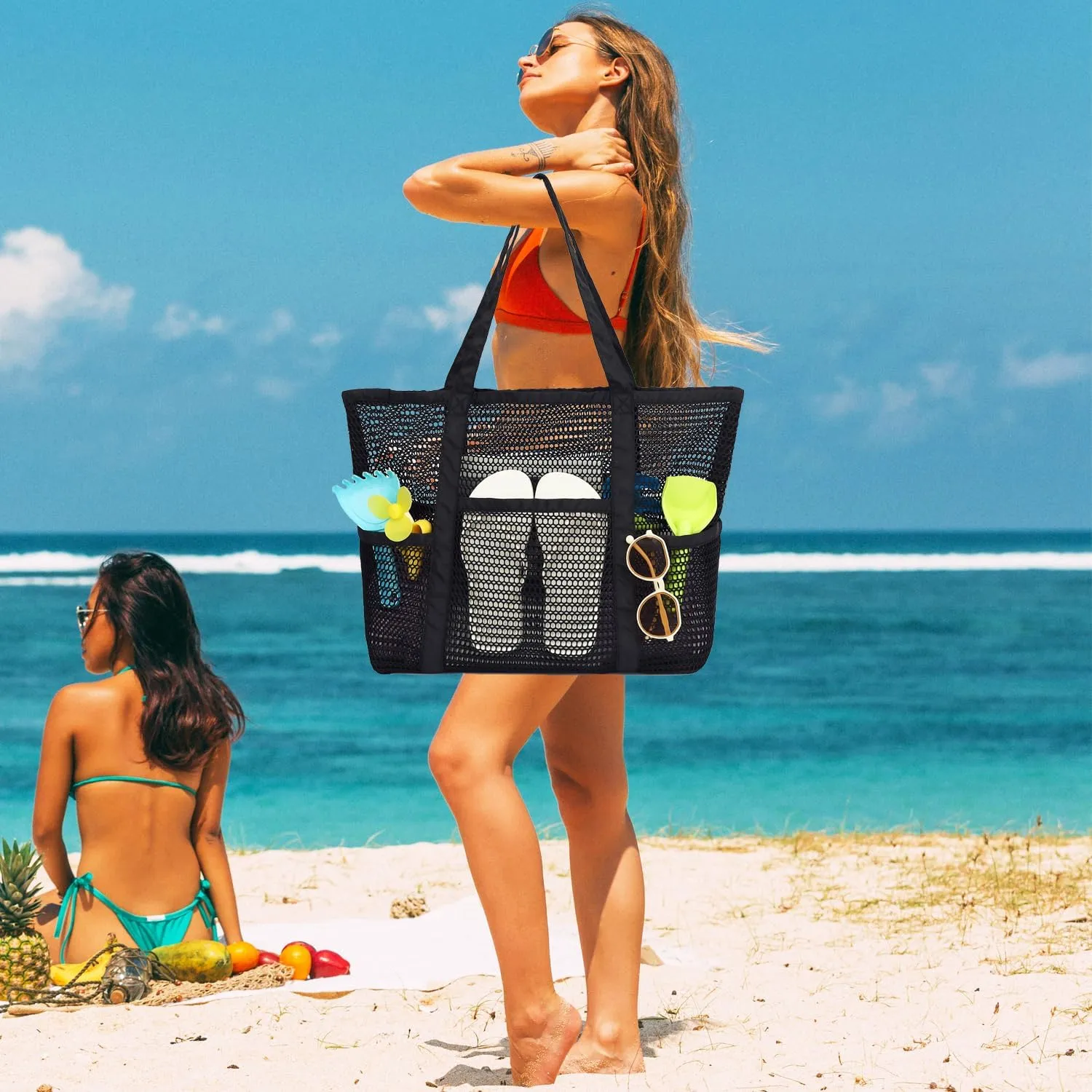 Mesh Beach Bag, Casual Womens Shoulder Handbag, Large Sandproof Beach Tote Bag for Pool/Travel/Vacation Essentials