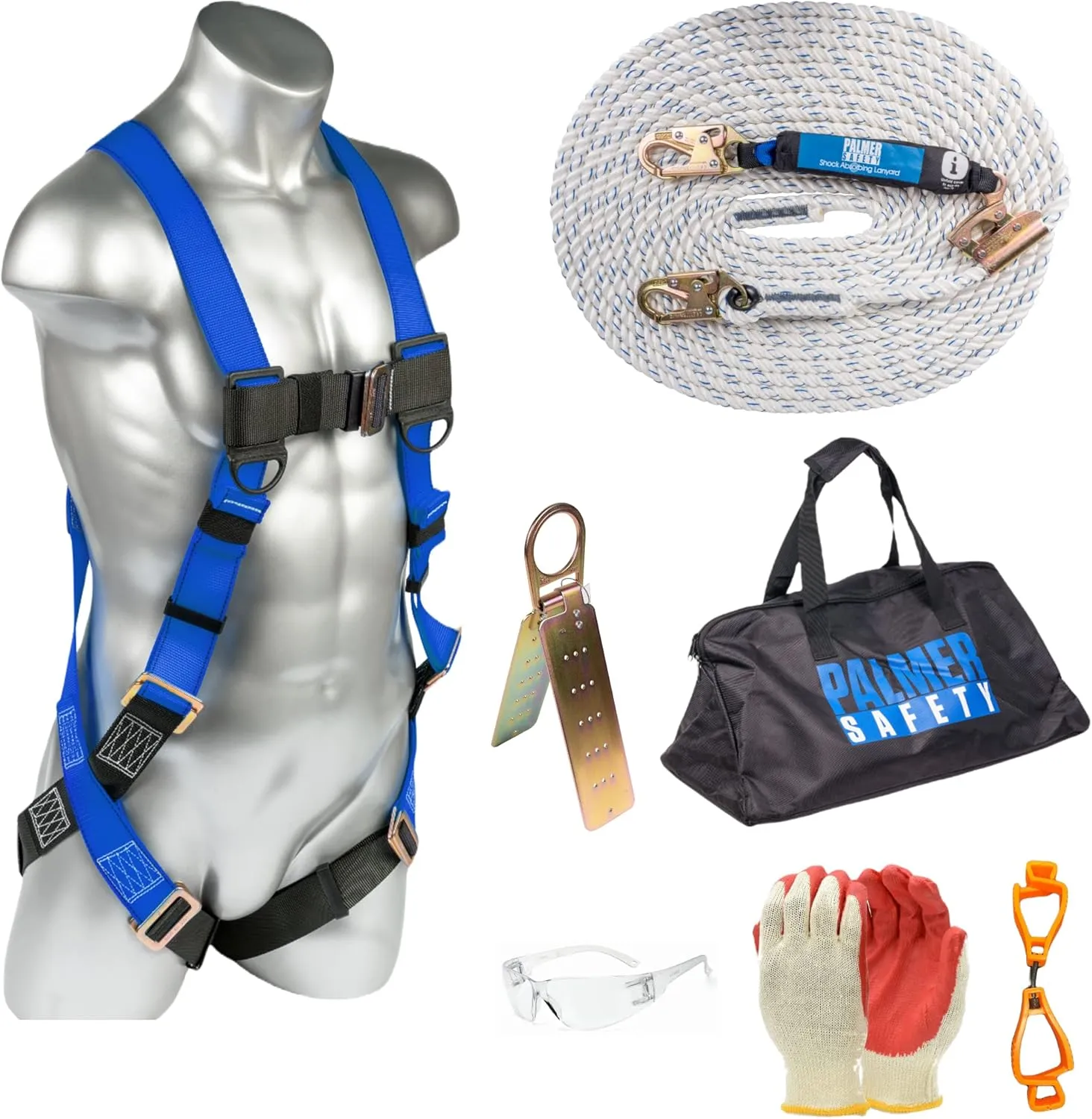 Palmer Safety Fall Protection Roofing Bucket Kit I Full-Body Harness, 50' Vertical Rope & Anchor Set I Safety Harness Kit