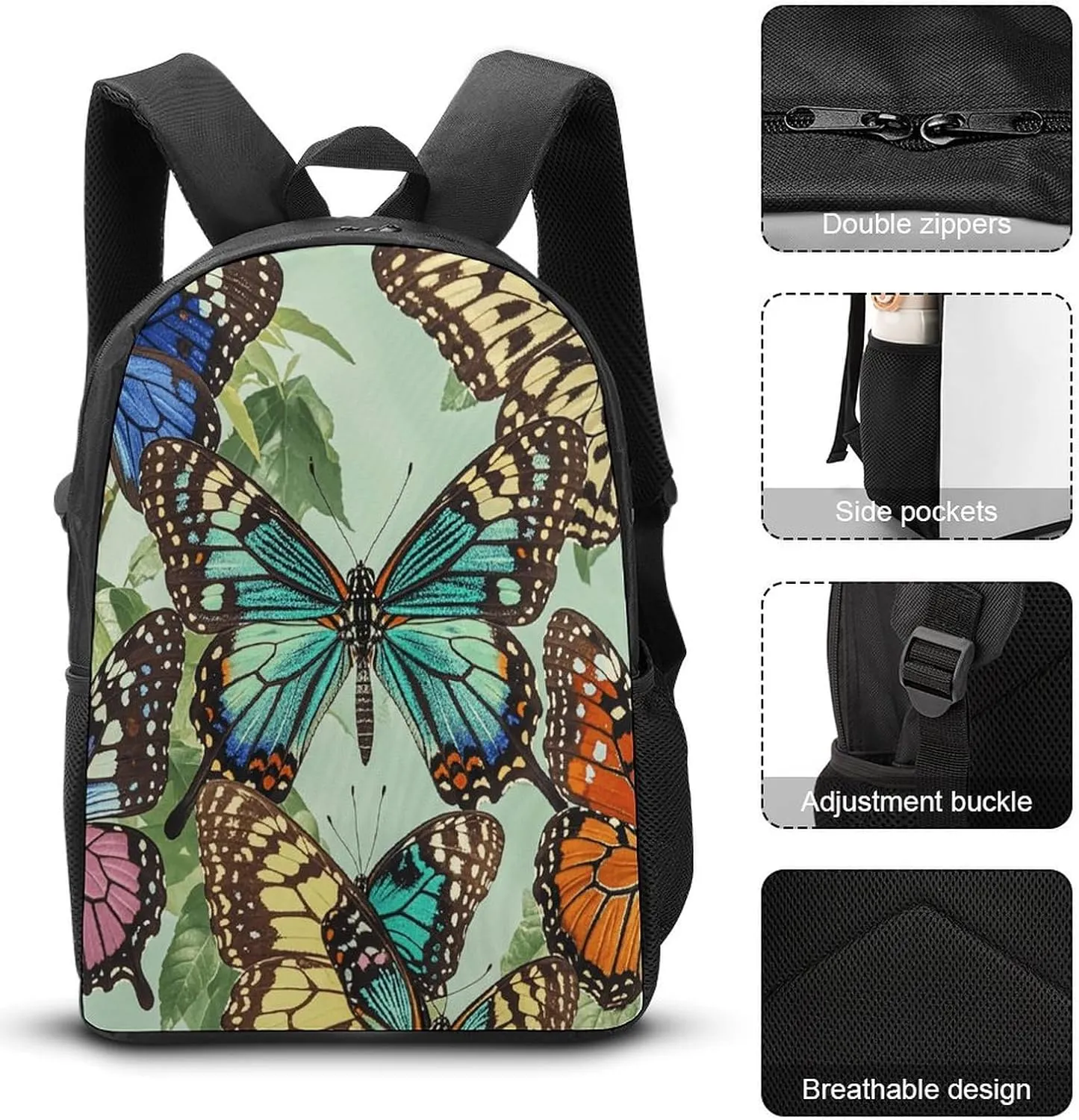 Portable Backpack Set with Lunch Bag & Pencil Case, Butterfly Print Print 3-in-1 Durable Work Bag,Adjustable Straps,Lightweight & Spacious