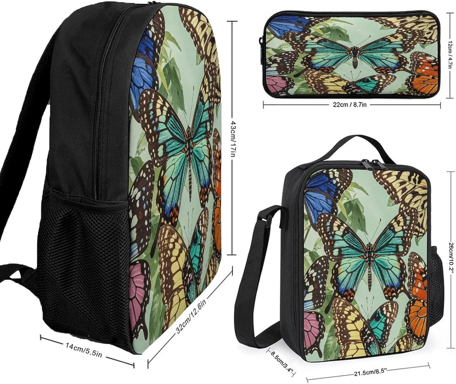 Portable Backpack Set with Lunch Bag & Pencil Case, Butterfly Print Print 3-in-1 Durable Work Bag,Adjustable Straps,Lightweight & Spacious