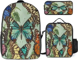 Portable Backpack Set with Lunch Bag & Pencil Case, Butterfly Print Print 3-in-1 Durable Work Bag,Adjustable Straps,Lightweight & Spacious