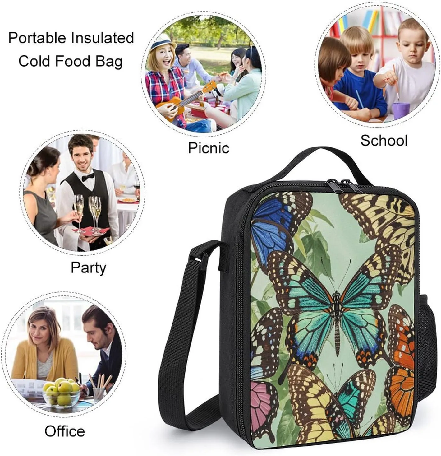 Portable Backpack Set with Lunch Bag & Pencil Case, Butterfly Print Print 3-in-1 Durable Work Bag,Adjustable Straps,Lightweight & Spacious